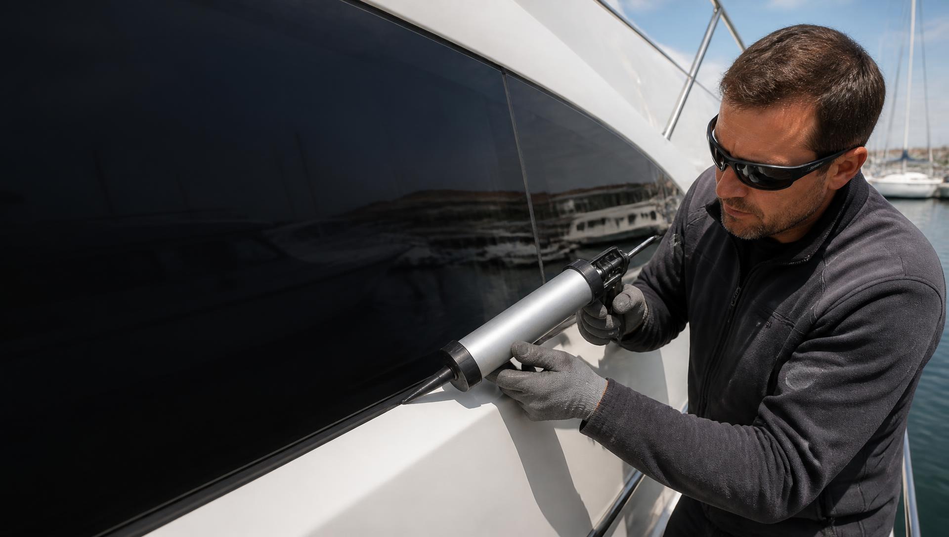 Marine technician applying sealant precisely along an installed yacht window perimeter